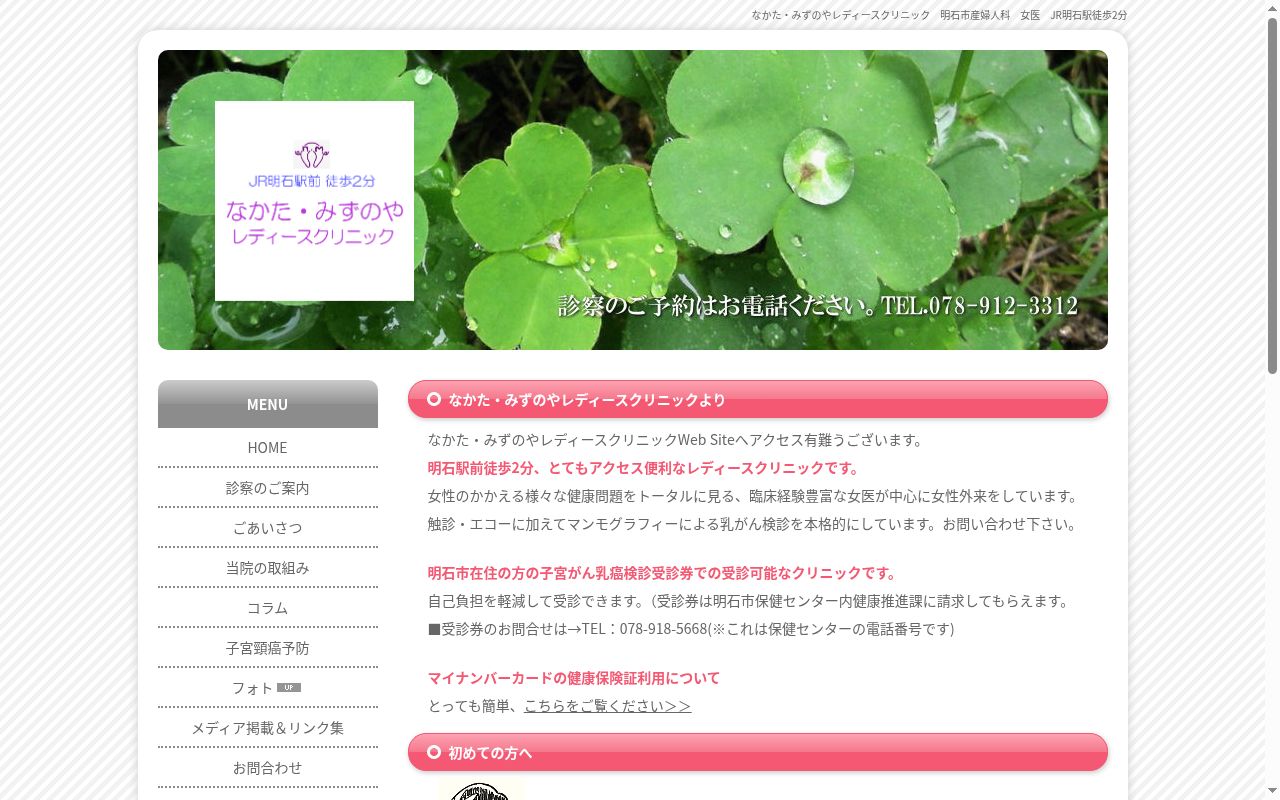 なかた・みずのやレディースクリニックの公式サイトのスクリーンショット