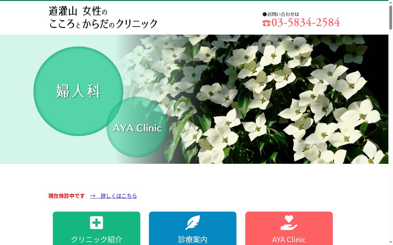 道灌山女性のこころとからだのクリニック　ＡＹＡ　ｃｌｉｎｉｃの公式サイトのスクリーンショット